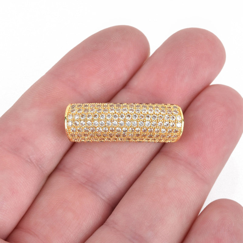 Gold Bar Charm, Micro Pave Cubic Zirconia Crystals, Curved Rhinestone Connector Link, Brass Metal Bead, 30mm, chs3182
