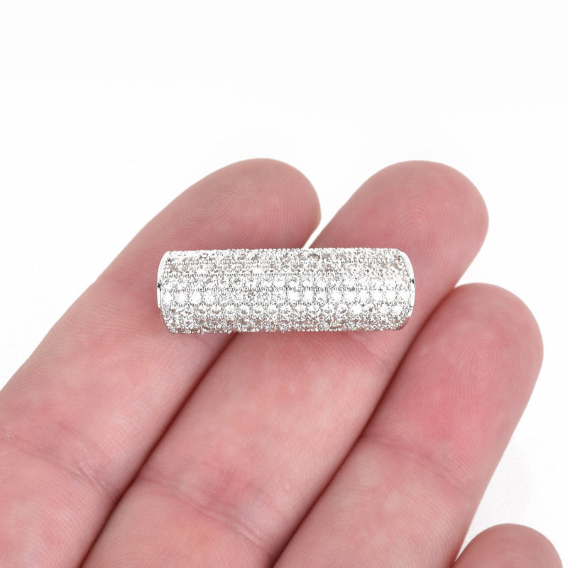 Silver Bar Charm, Micro Pave Cubic Zirconia Crystals, Curved Rhinestone Connector Link, Silver Brass Metal Bead, 30mm, chs3183