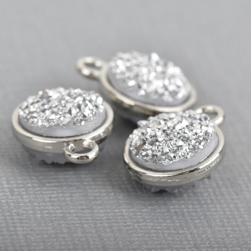 5 Silver Faux Druzy Charms, SILVER SPARKLE Resin Druzy, double sided charms, 18x15mm, chs3222