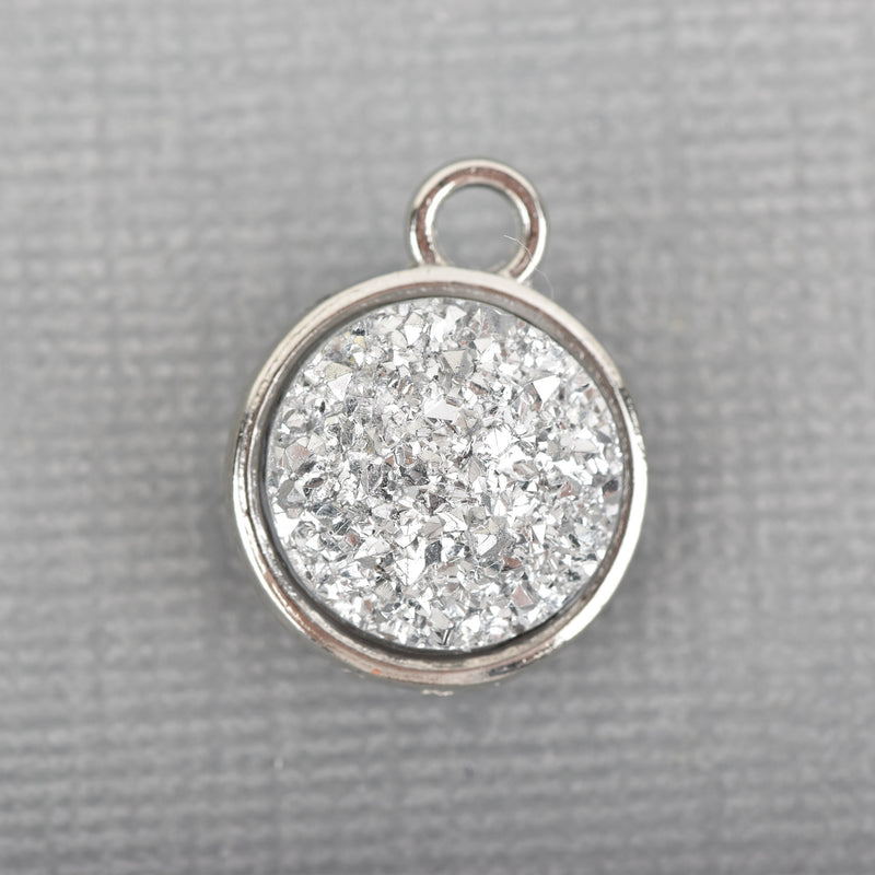 5 Silver Faux Druzy Charms, SILVER SPARKLE Resin Druzy, double sided charms, 18x15mm, chs3222