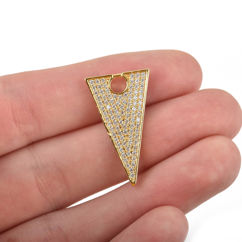 ARROWHEAD Charm Micro Pave Cubic Zirconia Crystals Rhinestone Charm Pendant Gold Brass Metal Triangle Charm, 28x16mm, chs3223