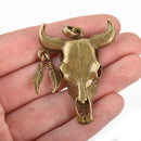 2 Bronze Longhorn COW SKULL Charms or Pendants, Bull Steer Skull Pendant with Feather Earring, 54x40mm, chs3225