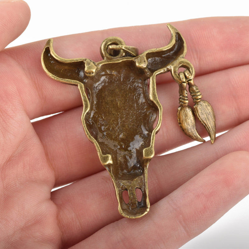 2 Bronze Longhorn COW SKULL Charms or Pendants, Bull Steer Skull Pendant with Feather Earring, 54x40mm, chs3225