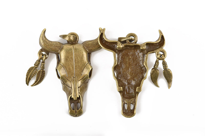 2 Bronze Longhorn COW SKULL Charms or Pendants, Bull Steer Skull Pendant with Feather Earring, 54x40mm, chs3225