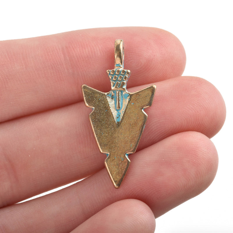 10 ARROWHEAD Charm Pendants, light gold metal with blue green verdigris patina, paint wash arrow head charm, 31x16mm, chs3227