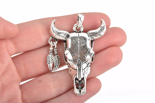 2 Silver Longhorn COW SKULL Charms or Pendants, Bull Steer Skull Pendant with Feather Earring, 54x40mm, chs3232