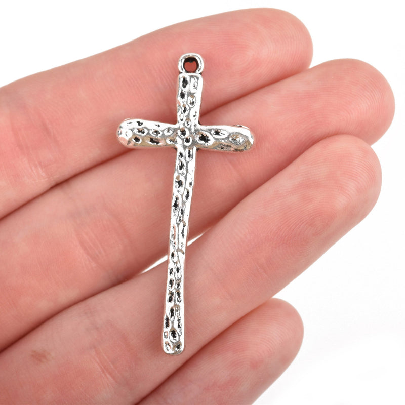 5 Silver Cross Charms, Rustic Hammered Metal, Long Skinny Cross, 47x21mm (1-7/8"), chs3239