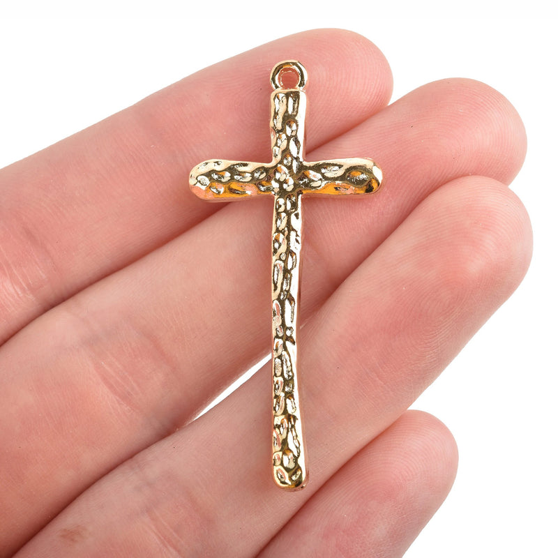 5 Light Gold Cross Charms, Rustic Hammered Metal, Long Skinny Cross, 47x21mm (1-7/8"), chs3241