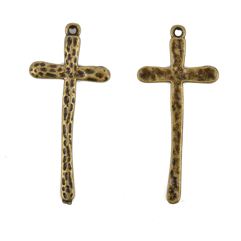 5 Bronze Cross Charms, Rustic Hammered Metal, Long Skinny Cross, 47x21mm (1-7/8"), chs3242