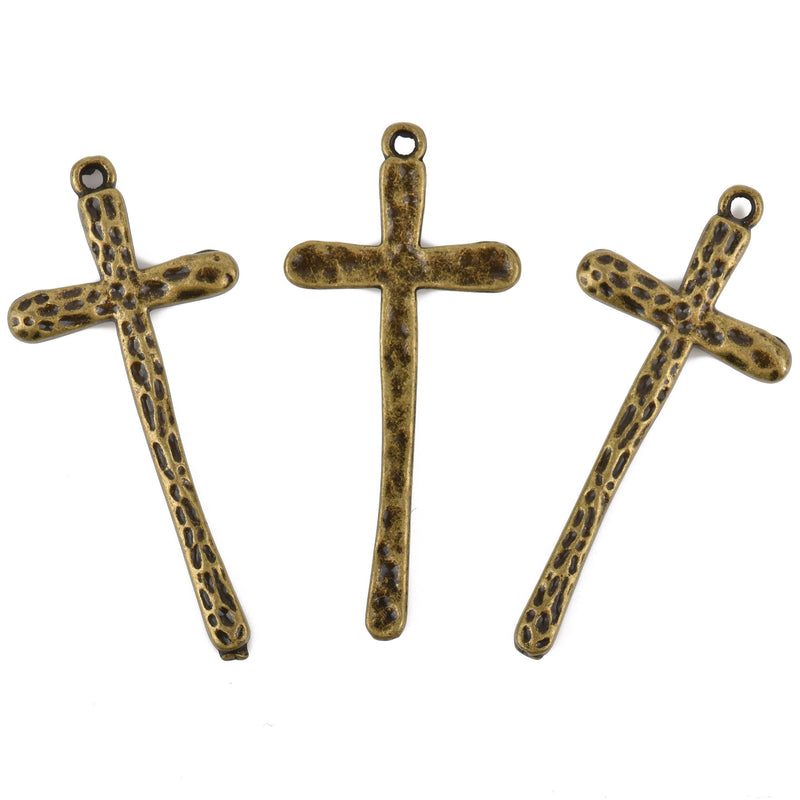 5 Bronze Cross Charms, Rustic Hammered Metal, Long Skinny Cross, 47x21mm (1-7/8"), chs3242