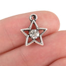 10 Silver STAR Charms, Oxidized Silver with Rhinestone, 15mm, chs3265