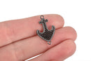 Gunmetal ANCHOR Charm, Micro Pave Cubic Zirconia Crystals, Rhinestone 2-hole Connector Link, Gunmetal Brass Metal, 24x15mm, chs3271