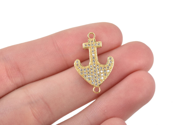 Gold ANCHOR Charm, Micro Pave Cubic Zirconia Crystals, Rhinestone 2-hole Connector Link, Gold Brass Metal, 24x15mm, chs3272