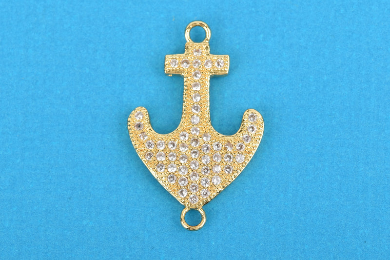 Gold ANCHOR Charm, Micro Pave Cubic Zirconia Crystals, Rhinestone 2-hole Connector Link, Gold Brass Metal, 24x15mm, chs3272