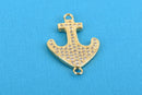 Gold ANCHOR Charm, Micro Pave Cubic Zirconia Crystals, Rhinestone 2-hole Connector Link, Gold Brass Metal, 24x15mm, chs3272