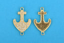 Gold ANCHOR Charm, Micro Pave Cubic Zirconia Crystals, Rhinestone 2-hole Connector Link, Gold Brass Metal, 24x15mm, chs3272