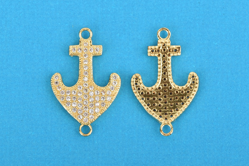 Gold ANCHOR Charm, Micro Pave Cubic Zirconia Crystals, Rhinestone 2-hole Connector Link, Gold Brass Metal, 24x15mm, chs3272