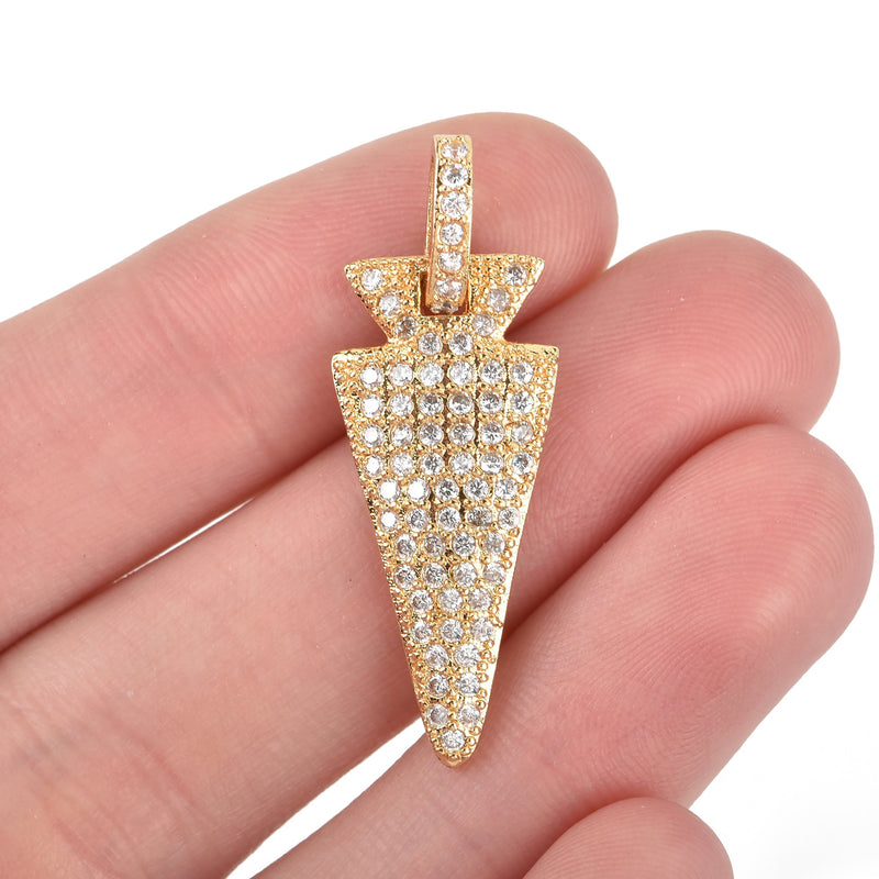 ARROWHEAD Charm Pendant Micro Pave CZ Cubic Zirconia Crystals Rhinestone with Gold Brass Metal 37x14mm chs3282