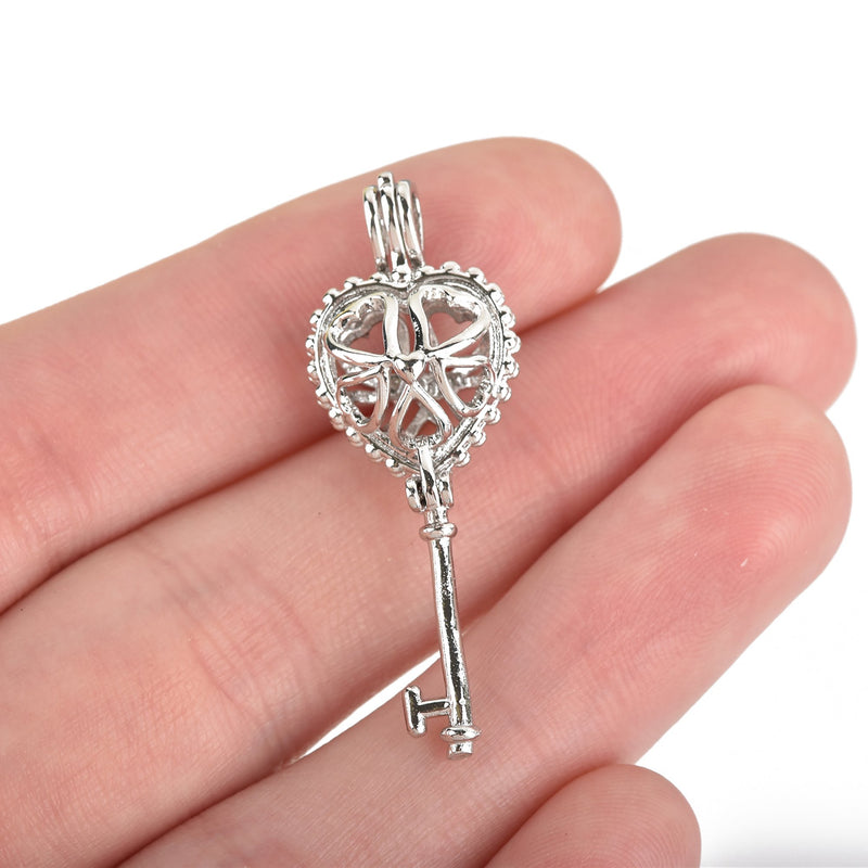 2 Silver Bead Cage Charms, Aromatherapy Essential Oil Charm, Filigree Heart Key Locket fits 8mm beads chs3283
