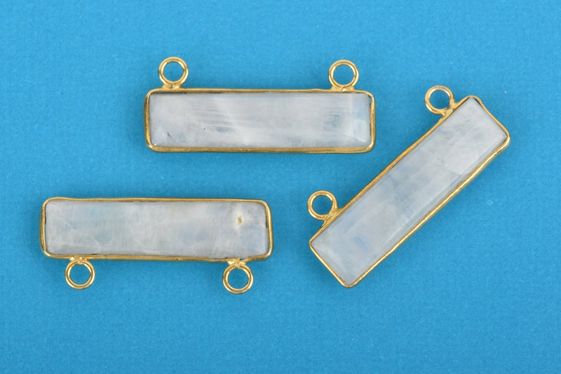 35mm Gold MOONSTONE Gemstone Bar Pendant, Natural Moonstone with Gold Bezel, 2 Hole Connector Link, (1-3/8"), chs3293