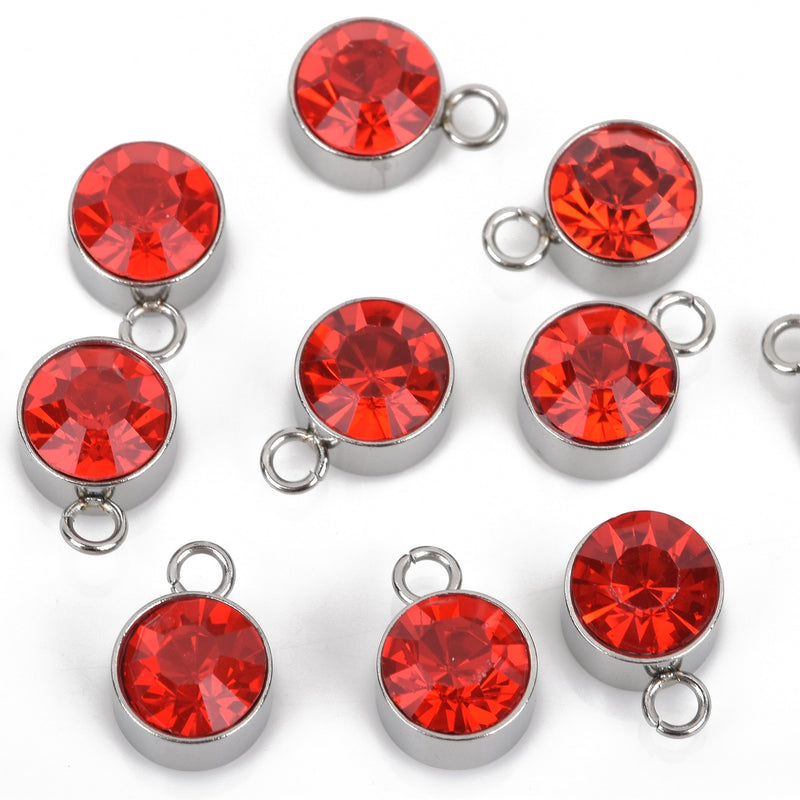 10 RUBY RED Drop Charms, 6mm Stainless Steel and Rhinestone Crystal Dot Charms, chs3295