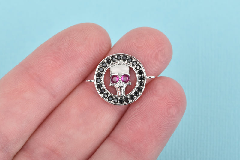 Silver Skull Charm, Micro Pave Cubic Zirconia Crystals, Rhinestone 2-hole Connector Link, Silver Brass Metal, 20x16mm, chs3297