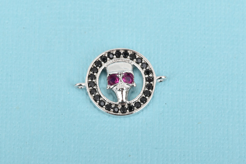Silver Skull Charm, Micro Pave Cubic Zirconia Crystals, Rhinestone 2-hole Connector Link, Silver Brass Metal, 20x16mm, chs3297