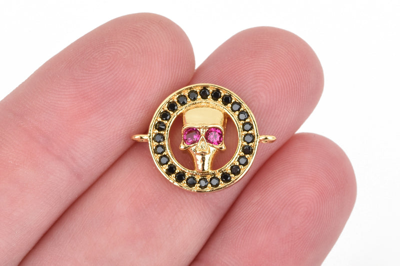 Gold Skull Charm, Micro Pave Cubic Zirconia Crystals, Rhinestone 2-hole Connector Link, Gold Brass Metal, 20x16mm, chs3298