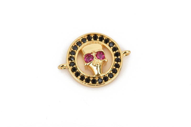 Gold Skull Charm, Micro Pave Cubic Zirconia Crystals, Rhinestone 2-hole Connector Link, Gold Brass Metal, 20x16mm, chs3298