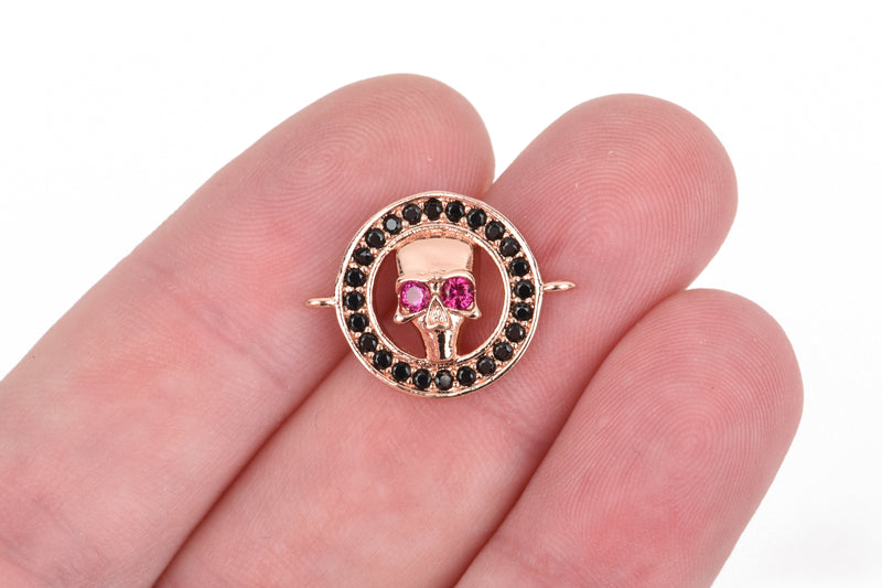 Rose Gold Skull Charm, Micro Pave Cubic Zirconia Crystals, Rhinestone 2-hole Connector Link, Rose Gold Brass Metal, 20x16mm, chs3299
