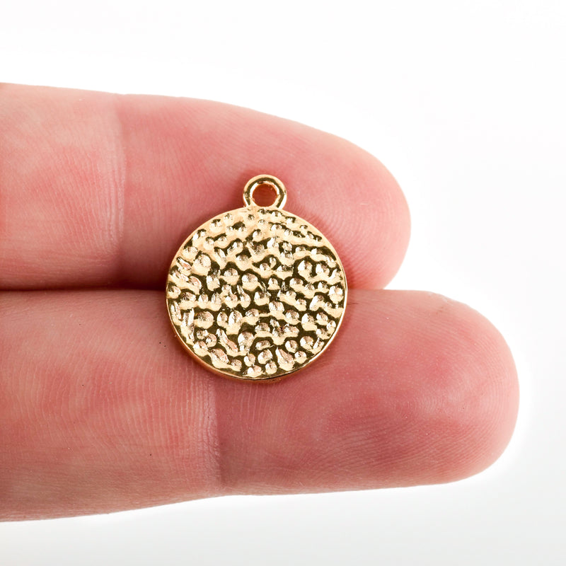 10 LIGHT GOLD  Hammered Metal Coin Sequin Charms, Round Dot Charms, double sided design, 15mm (5/8"), chs3309