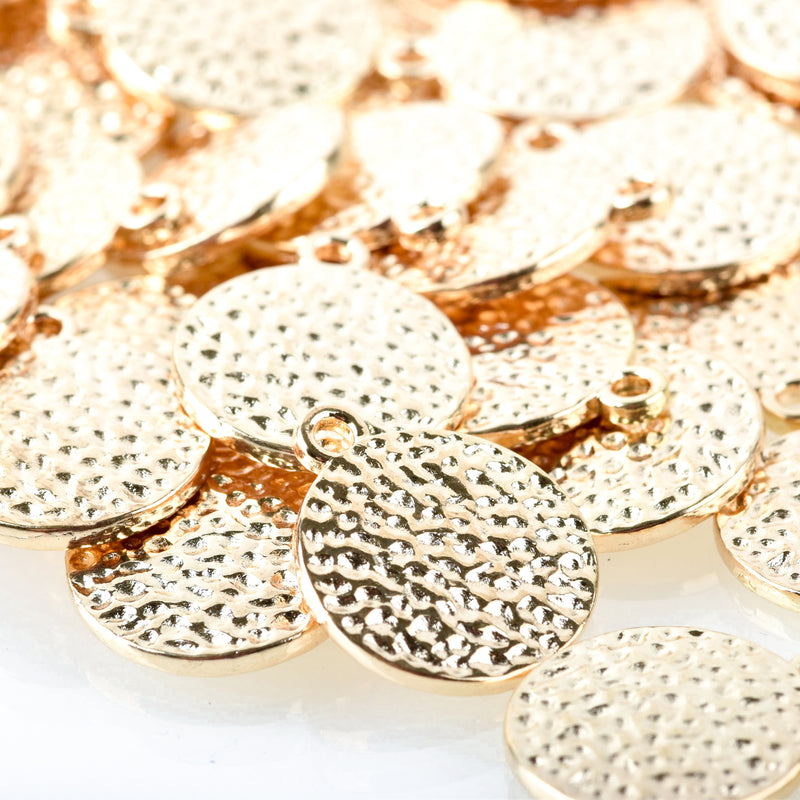 10 LIGHT GOLD  Hammered Metal Coin Sequin Charms, Round Dot Charms, double sided design, 15mm (5/8"), chs3309