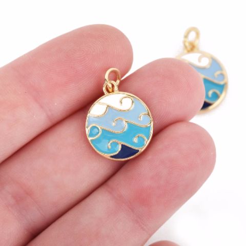 4 BEACH WAVE Charms, Gold Wave Charms, Blue and White Enamel and GOLD plating, gold charms, 22x16mm chs3321