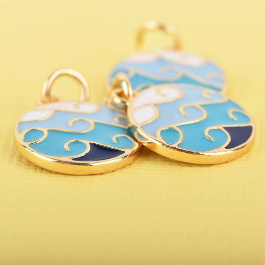 4 BEACH WAVE Charms, Gold Wave Charms, Blue and White Enamel and GOLD plating, gold charms, 22x16mm chs3321