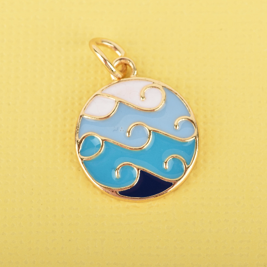 4 BEACH WAVE Charms, Gold Wave Charms, Blue and White Enamel and GOLD plating, gold charms, 22x16mm chs3321