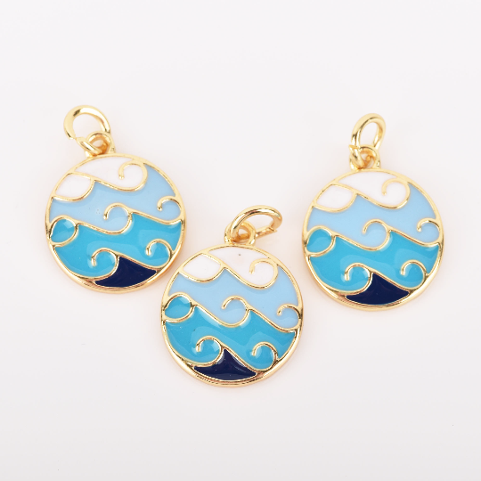 4 BEACH WAVE Charms, Gold Wave Charms, Blue and White Enamel and GOLD plating, gold charms, 22x16mm chs3321