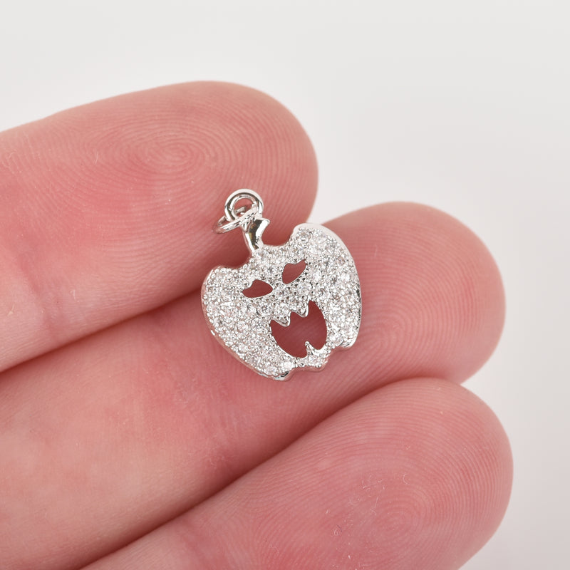 Silver JACK O LANTERN Charm, Micro Pave Charm, Pumpkin Charm, Halloween Charm, Petite Halloween Pumpkin Charm, 15x13mm, chs3325