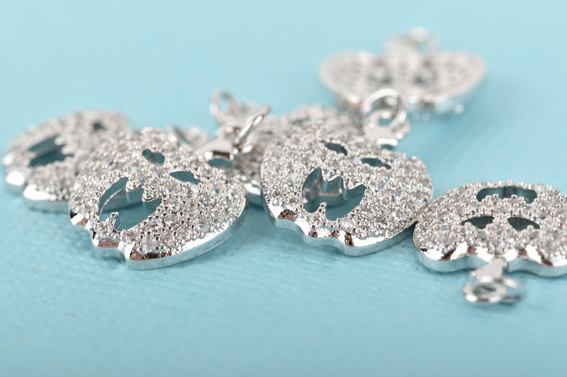 Silver JACK O LANTERN Charm, Micro Pave Charm, Pumpkin Charm, Halloween Charm, Petite Halloween Pumpkin Charm, 15x13mm, chs3325