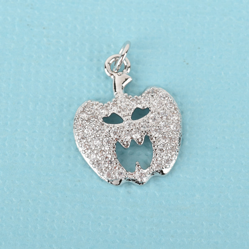 Silver JACK O LANTERN Charm, Micro Pave Charm, Pumpkin Charm, Halloween Charm, Petite Halloween Pumpkin Charm, 15x13mm, chs3325