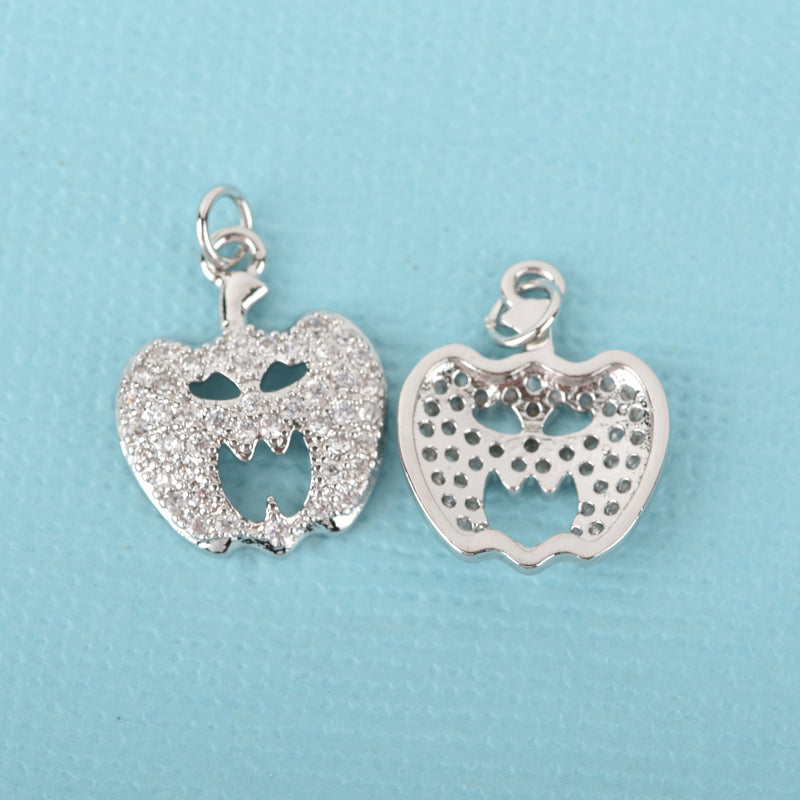 Silver JACK O LANTERN Charm, Micro Pave Charm, Pumpkin Charm, Halloween Charm, Petite Halloween Pumpkin Charm, 15x13mm, chs3325