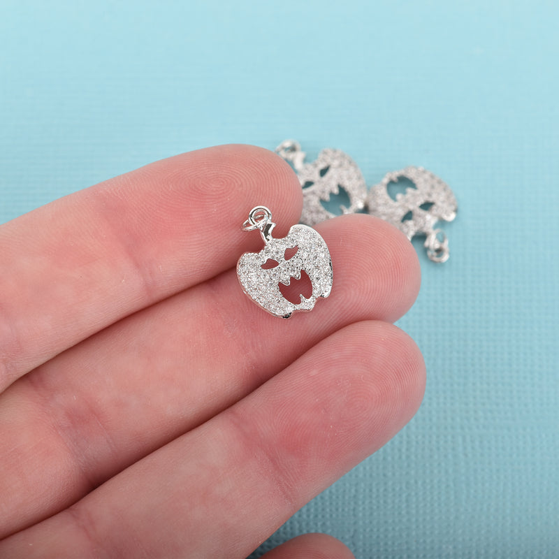 Silver JACK O LANTERN Charm, Micro Pave Charm, Pumpkin Charm, Halloween Charm, Petite Halloween Pumpkin Charm, 15x13mm, chs3325