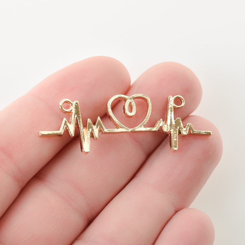 5 Gold Plated ECG HEARTBEAT charms, two-hole connector charm pendants, love charms, heart charms, 44x14mm, chs3347