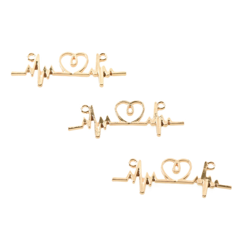 5 Gold Plated ECG HEARTBEAT charms, two-hole connector charm pendants, love charms, heart charms, 44x14mm, chs3347