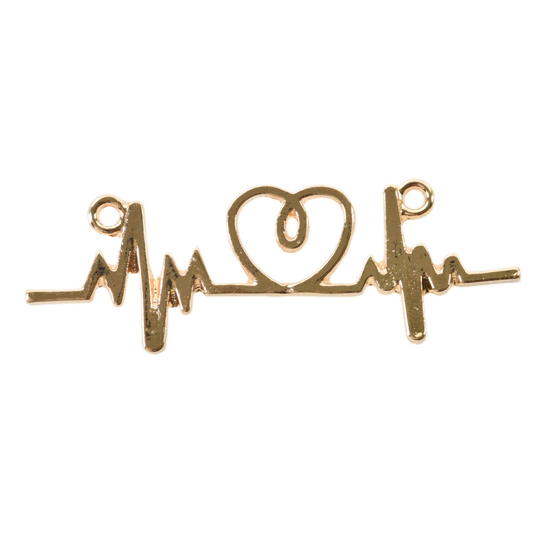 5 Gold Plated ECG HEARTBEAT charms, two-hole connector charm pendants, love charms, heart charms, 44x14mm, chs3347
