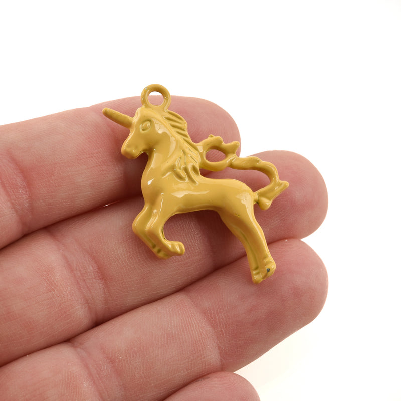 5 UNICORN Charms, YELLOW Enamel, Fairy Tale Charms, Animal Charms, 36x28mm, chs3352