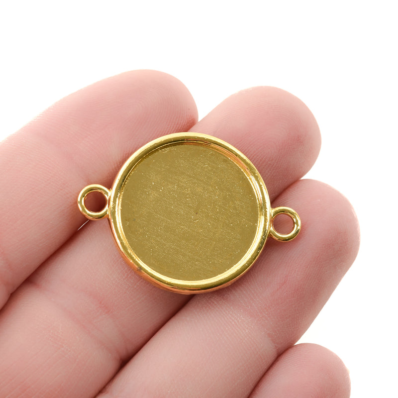 10 Gold BEZEL TRAY 2-Hole Connector Link Round Charm, Cabochon Setting frame (Fits 20mm Dia), double sided, 1" bezel tray, chs3355
