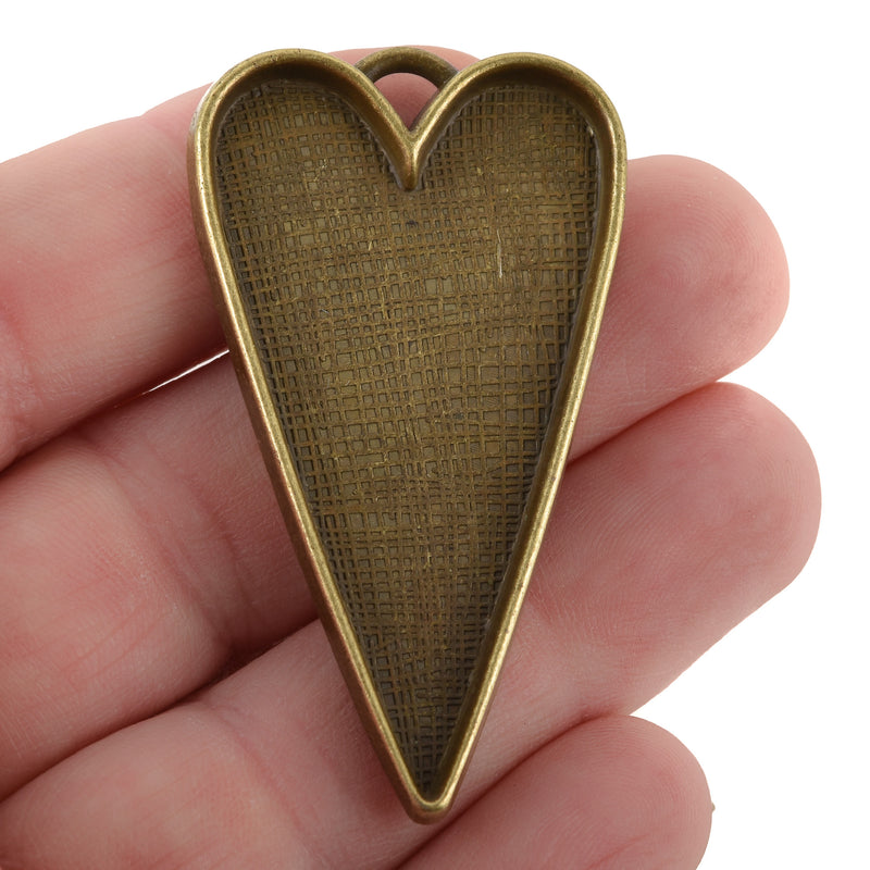 2 Bronze Bezel HEART TRAYS Pendants for Resin, Cabochons, fits 2" inside tray, chs3363