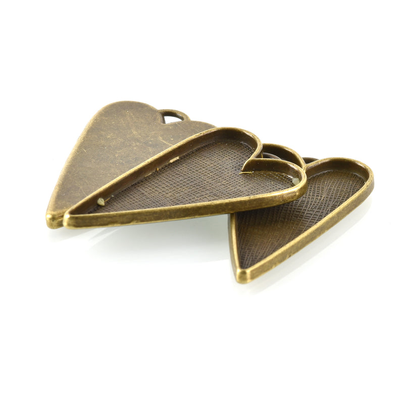 2 Bronze Bezel HEART TRAYS Pendants for Resin, Cabochons, fits 2" inside tray, chs3363