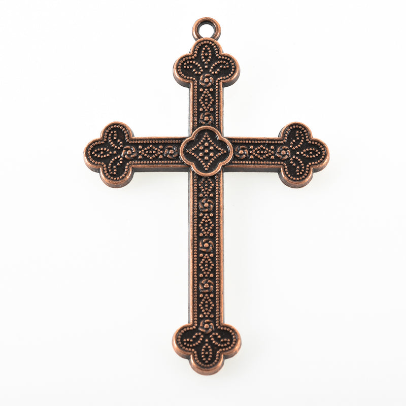 2 Large Antique Copper Ornate Cross Pendants, 3", chs3364