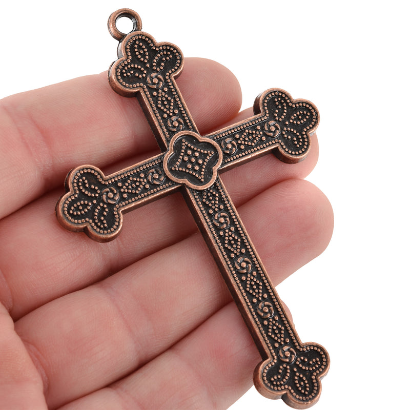 2 Large Antique Copper Ornate Cross Pendants, 3", chs3364